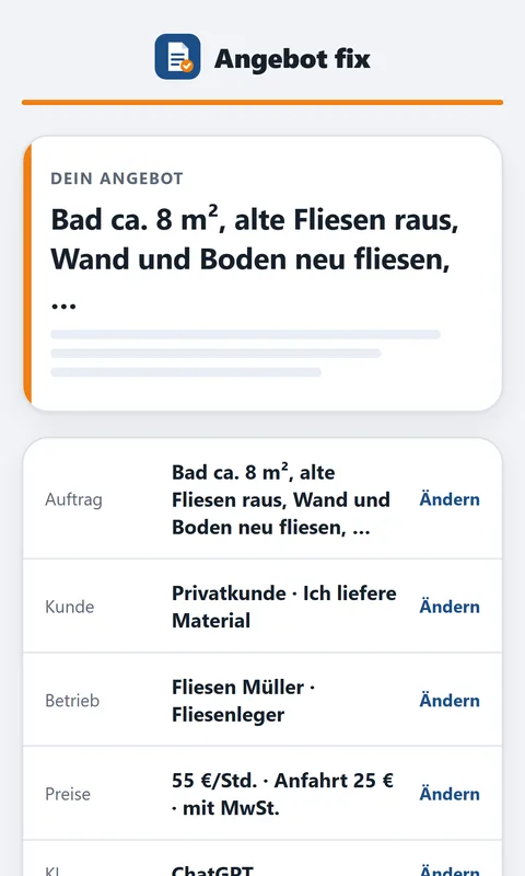 App Angebot fix: Zusammenfassung und Button Jetzt Angebot schreiben lassen